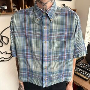 Vintage 90s Semi Sheer Plaid Cropped Button Down Shirt ~ Size Medium